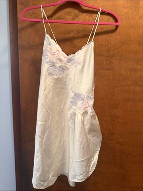 Vintage Natori Cream Satin Chemise with Pink & Lavender Floral Embroidery